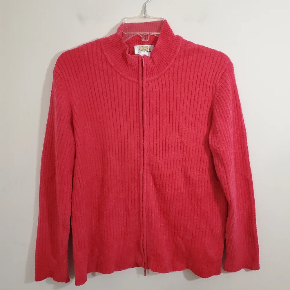NWT Talbots Chenille Texture Zip Front Cardigan Sweater Knit Pink Size Large